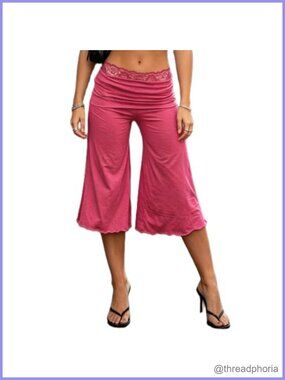 Y2K Lace Fold Over Waist Gaucho Capri Pants Flared Wide Leg Yoga Culottes